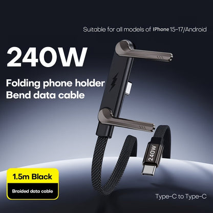 240W Schnelllade-Kabel mit faltbarem Handy-Ständer – Typ-C auf Typ-C, inkl. Winkeladapter