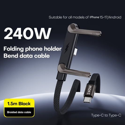 240W Schnelllade-Kabel mit faltbarem Handy-Ständer – Typ-C auf Typ-C, inkl. Winkeladapter
