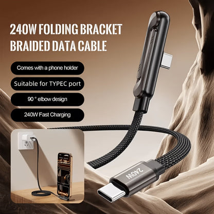240W Schnelllade-Kabel mit faltbarem Handy-Ständer – Typ-C auf Typ-C, inkl. Winkeladapter