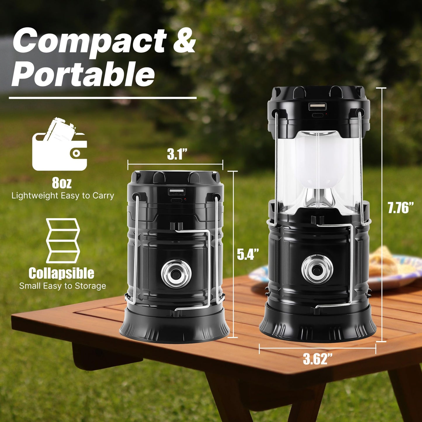 Solar Camping Lantern 4-Pack - Rechargeable LED Lights, Magnetic Base & Foldable Hanging Hook- Collapsible Lamp Battery Powered