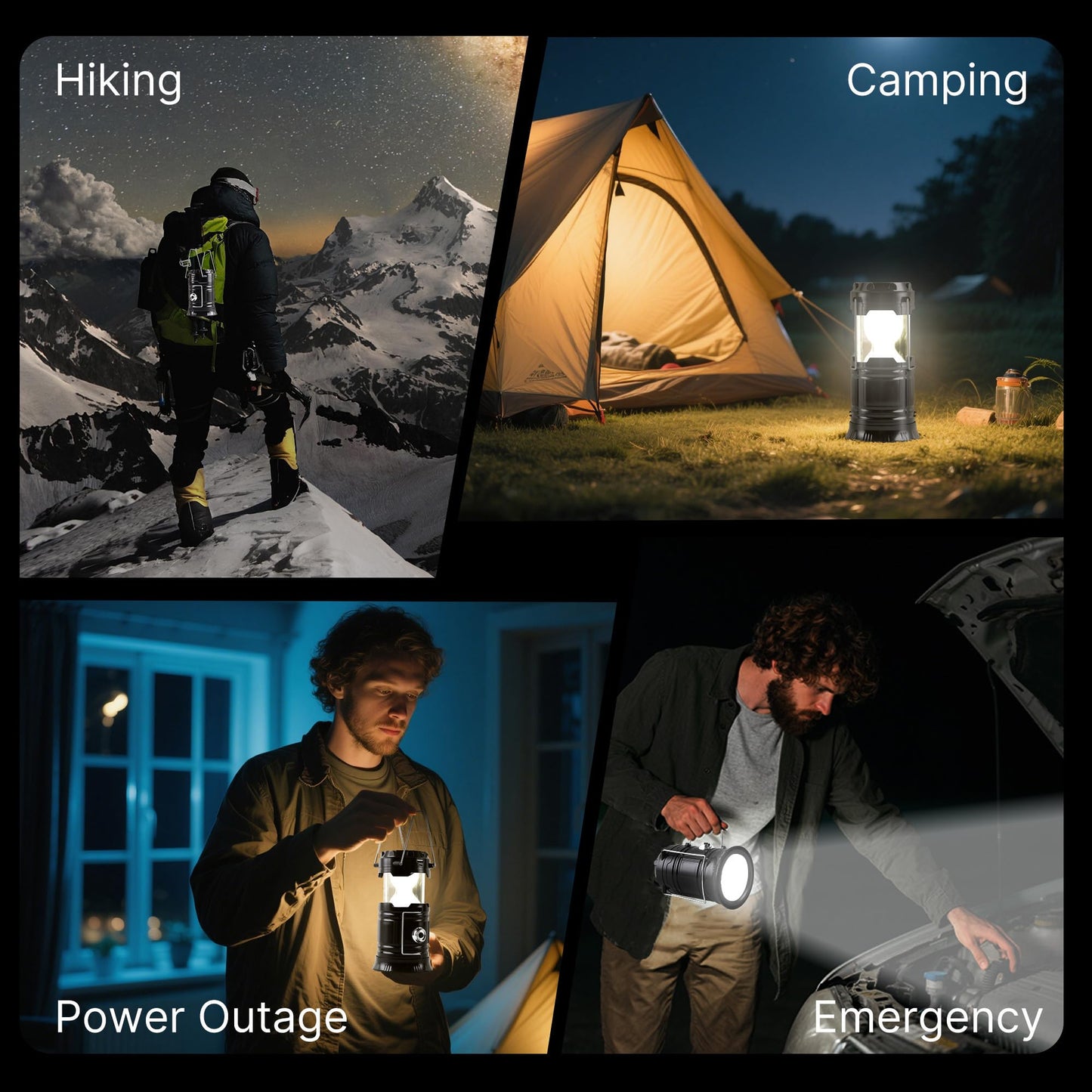 Solar Camping Lantern 4-Pack - Rechargeable LED Lights, Magnetic Base & Foldable Hanging Hook- Collapsible Lamp Battery Powered